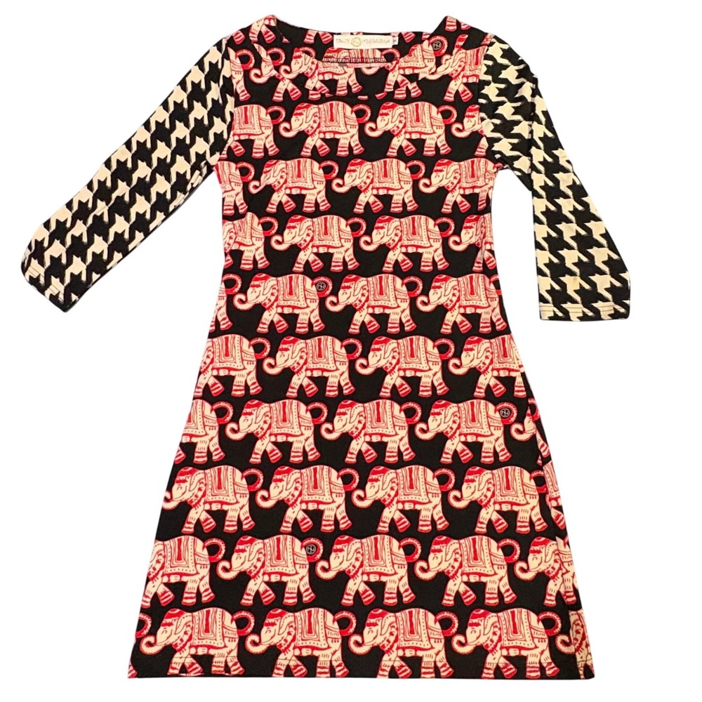 Tracy Negoshian Elephant Houndstooth Print A-Line Dress Red Black XS Pocket